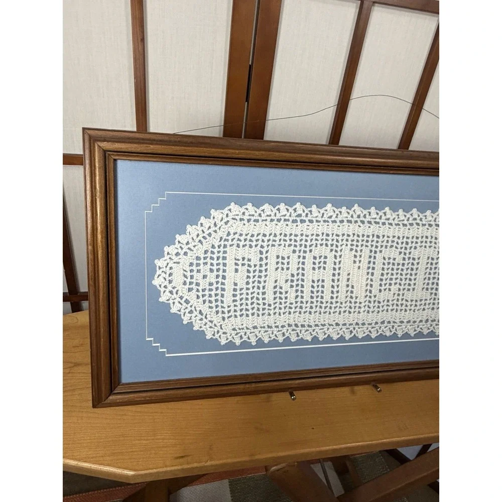 Framed Vintage Filet Crocheted Doily Spelling The Name FRANCIS 22x10